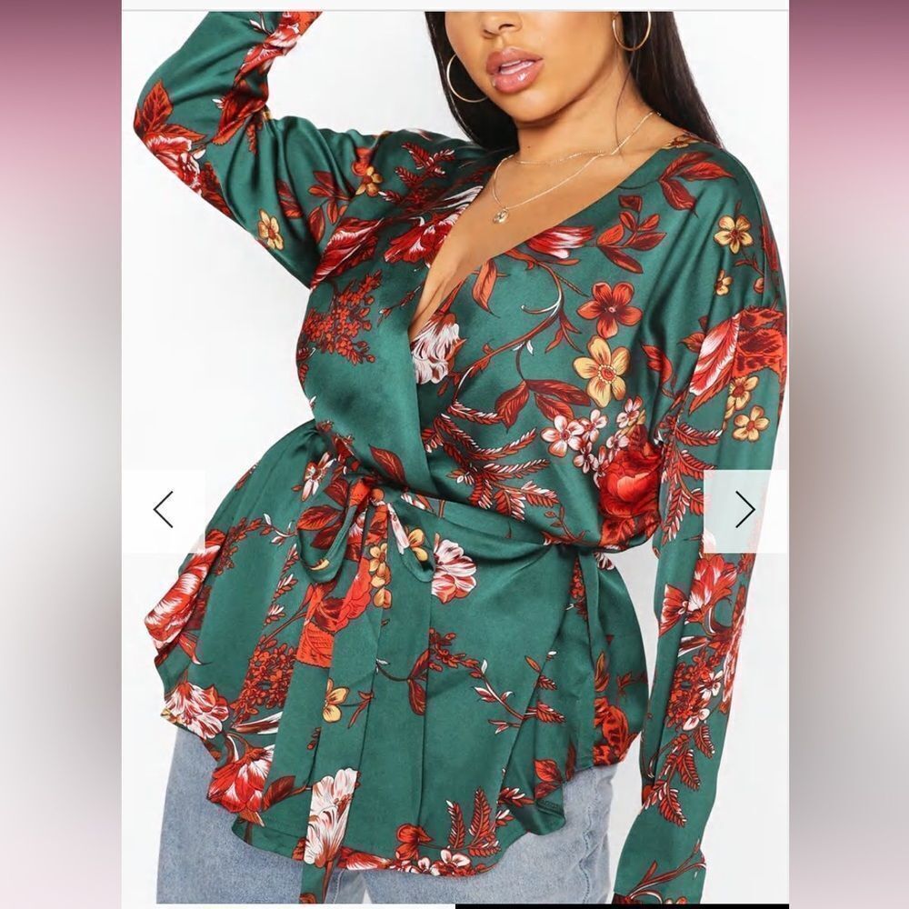 BOOHOO PLUS FLORAL PRINT WRAP TOP TEAL‎ 16 NWT IN PKG
